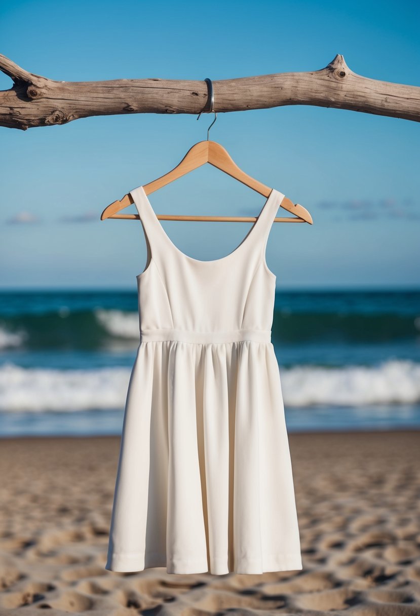 A simple white dress hanging on a driftwood hanger, with a backdrop of a sandy beach and ocean waves