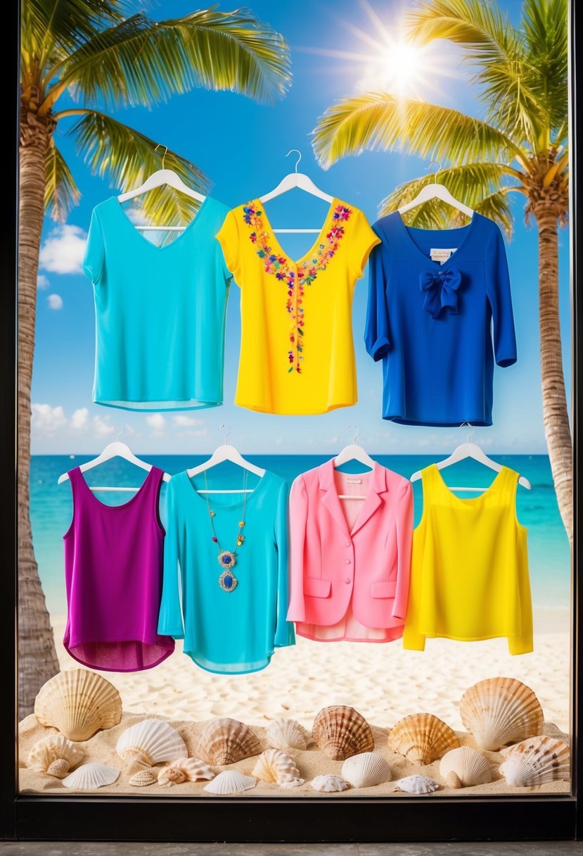 A sunny beach with colorful attire displayed in a charity shop window, surrounded by palm trees and seashells