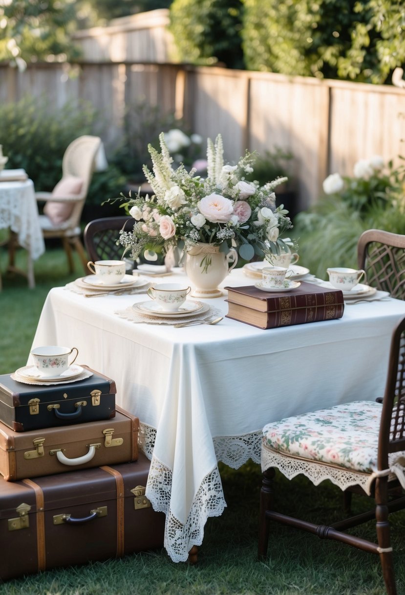 A cozy backyard setting with lace tablecloths, tea sets, and floral arrangements. Vintage suitcases and old books accent the decor