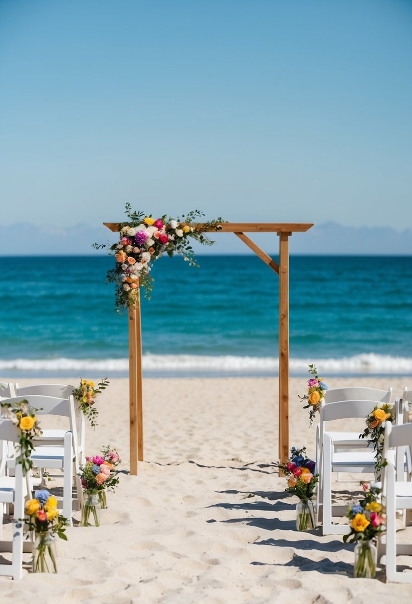 A sandy public beach with a simple wedding setup - wooden arch, white chairs, and colorful flowers. Blue ocean and clear sky in the background