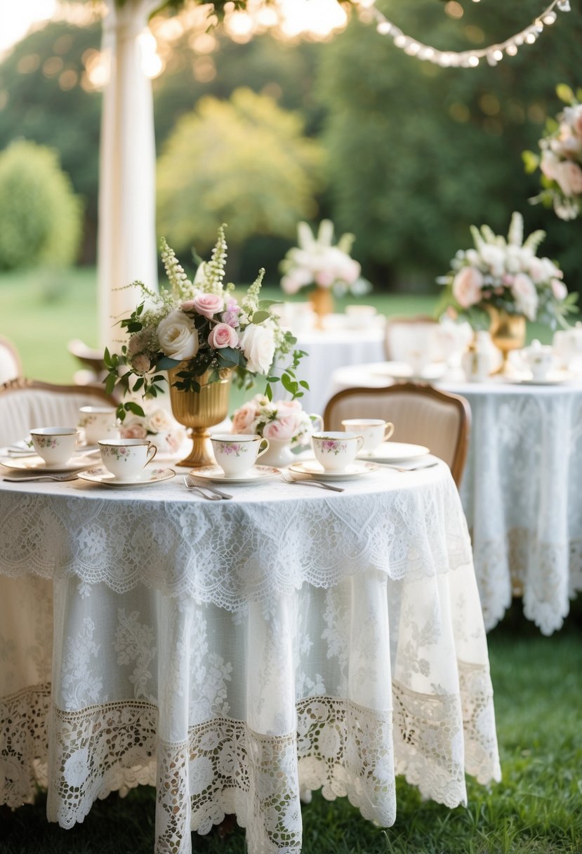 Antique lace tablecloths drape over tables adorned with vintage teacups and floral centerpieces for a romantic wedding shower