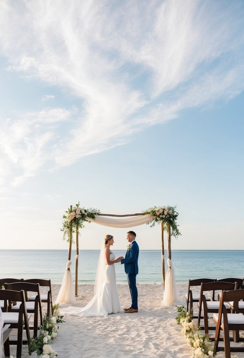 A serene beach setting with a simple, elegant wedding setup and a couple exchanging vows under a billowing canopy