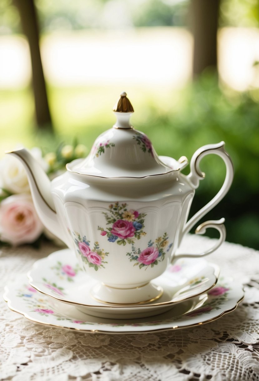 A vintage tea set with delicate floral patterns arranged on a lace tablecloth for a wedding shower