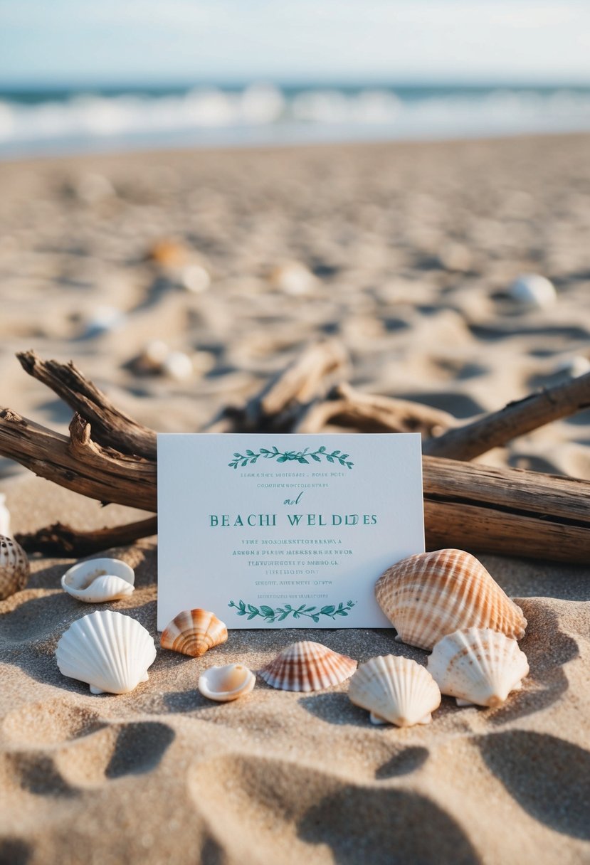 A beach wedding scene with handmade invitations, seashells, and driftwood decor on a sandy shore