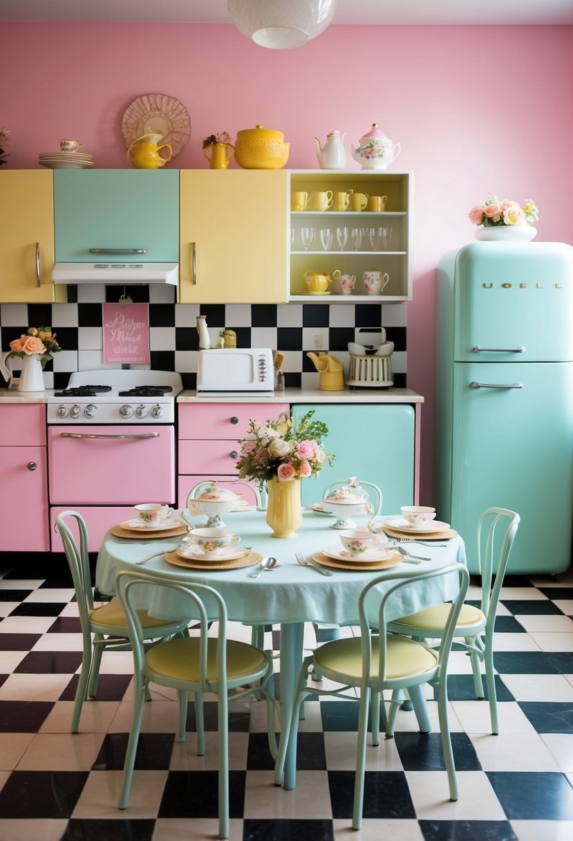 A retro fifties kitchen with pastel appliances, checkered floors, and a table set for a vintage wedding shower with tea cups and floral arrangements