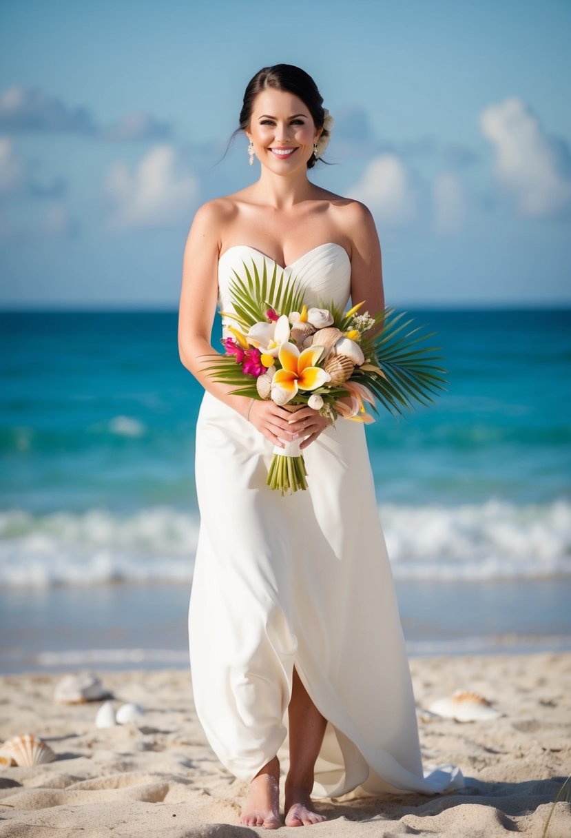 A bride holding a bouquet of seashells and tropical flowers, standing barefoot on the sandy beach with the ocean in the background