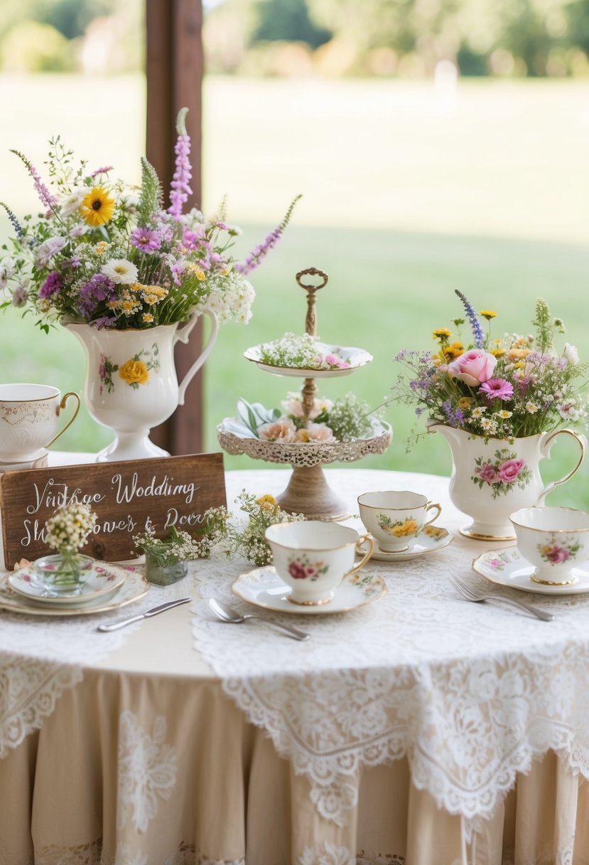 A vintage-inspired wedding shower with shabby chic decor: lace tablecloths, mismatched floral china, distressed wooden signs, and antique teacups filled with wildflowers