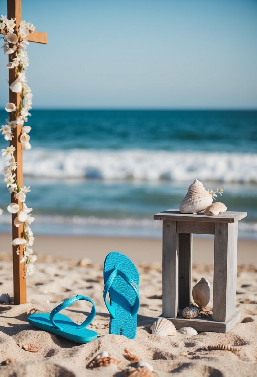 A pair of flip-flops sit on a sandy beach next to a simple wooden altar adorned with seashells and flowers, overlooking the ocean