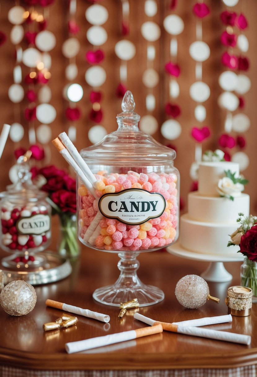 A vintage candy display with faux cigarettes, surrounded by retro wedding decor