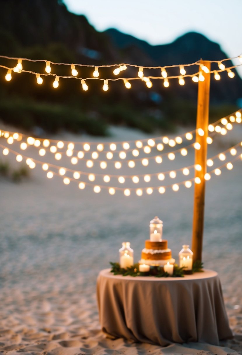 Fairy lights twinkle above a sandy beach wedding, casting a warm glow on the budget-friendly decor