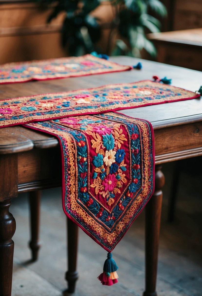 Boho table runners with intricate embroidery lay across vintage tables