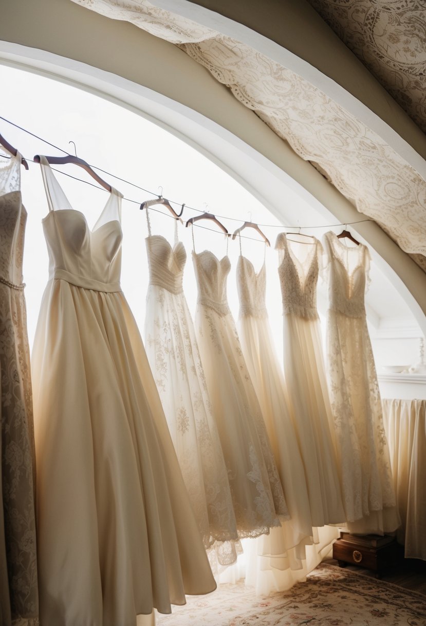 A row of vintage wedding dresses hanging on a clothesline in a sunlit attic, surrounded by antique lace and floral patterns