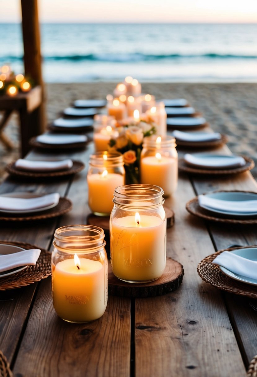 Mason jars filled with candles adorn wooden tables at a beach wedding, creating a warm and romantic atmosphere on a budget