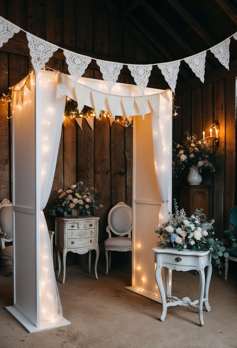 A vintage photo booth adorned with lace, bunting, and fairy lights sits in a rustic barn, surrounded by antique furniture and floral arrangements