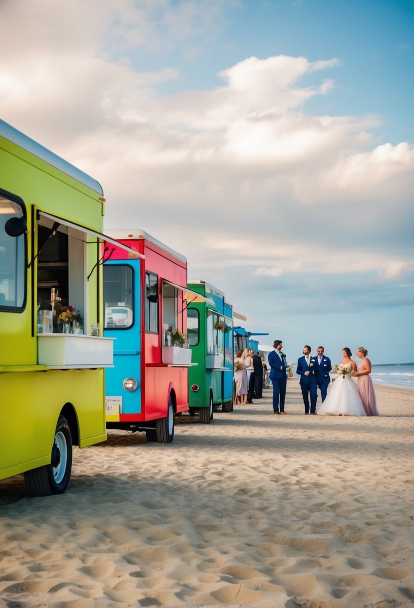 Colorful food trucks line the sandy beach, serving up a variety of delicious dishes to wedding guests enjoying a casual dining experience