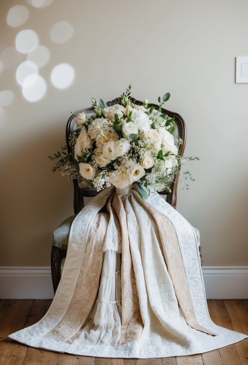 A bride's bouquet of old wedding dresses sewn into a quilt, draped over a vintage chair