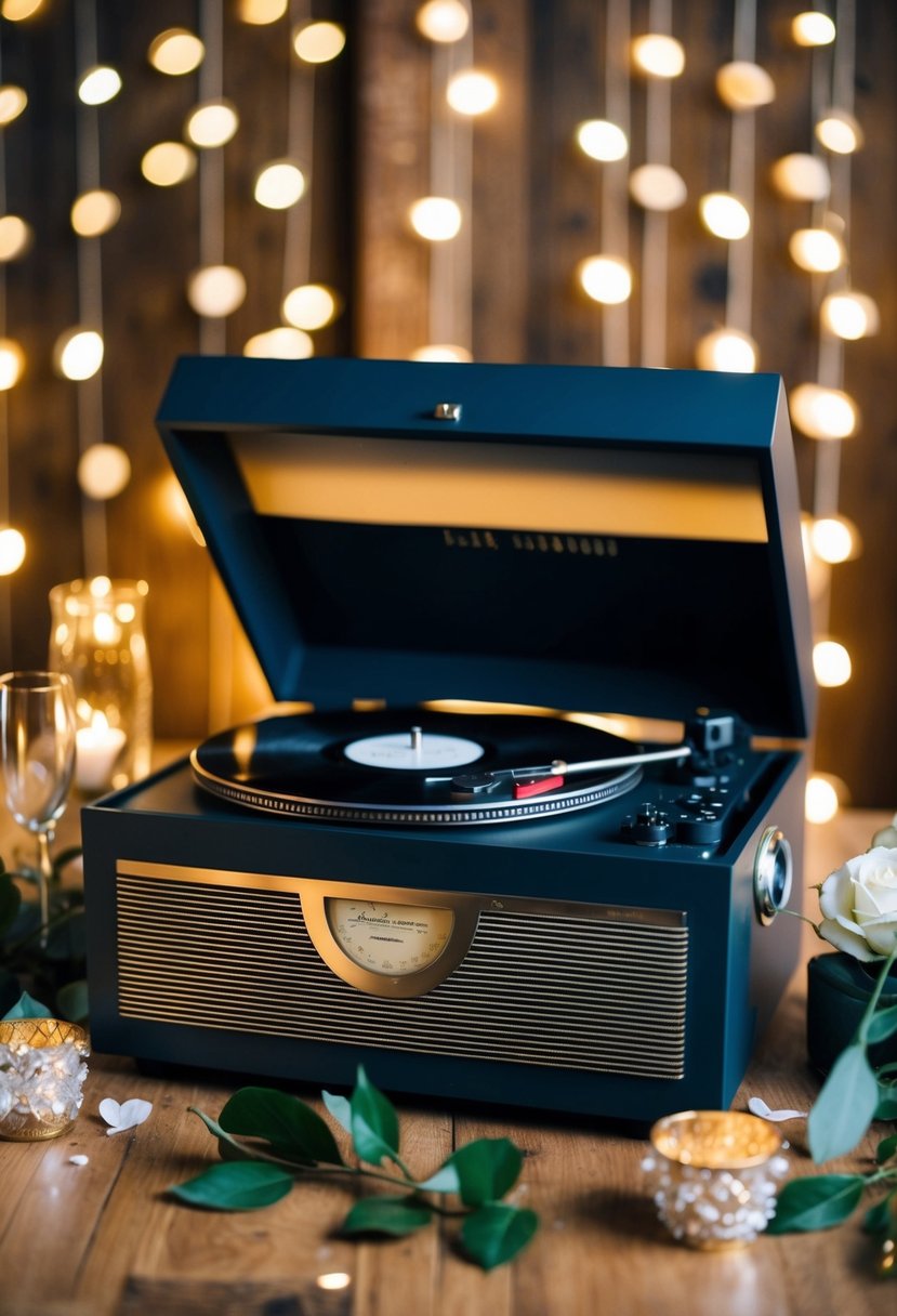 A record player surrounded by vintage wedding decor, with a playlist of classic tunes and a cozy, nostalgic atmosphere