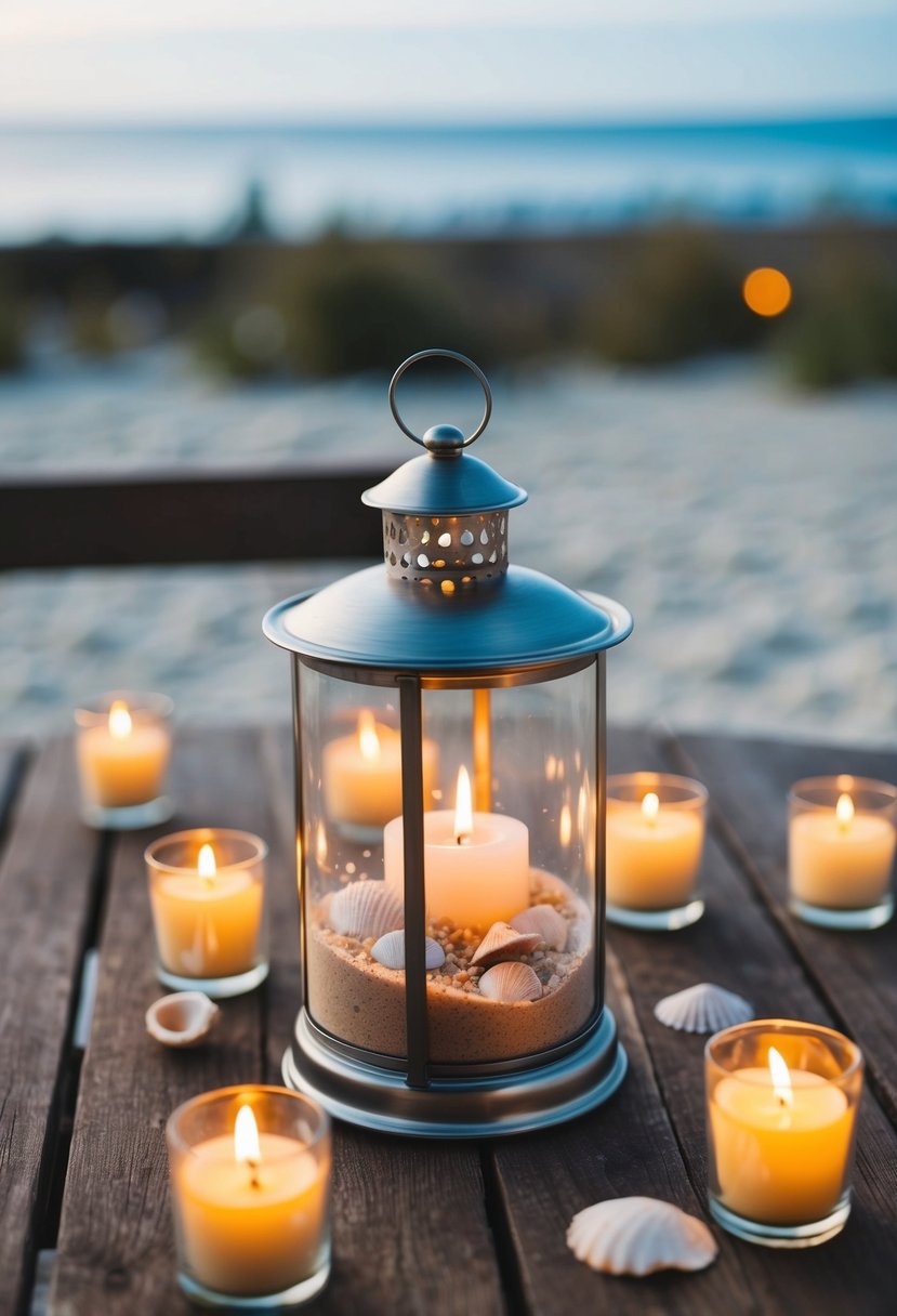 A small glass lantern filled with sand and shells sits on a wooden table, surrounded by flickering candles. A beach wedding on a budget