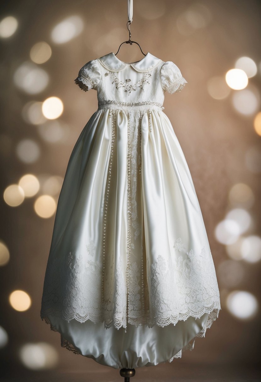 A christening gown made from repurposed lace and satin, adorned with delicate beadwork and a flowing train, hung on a vintage dress form