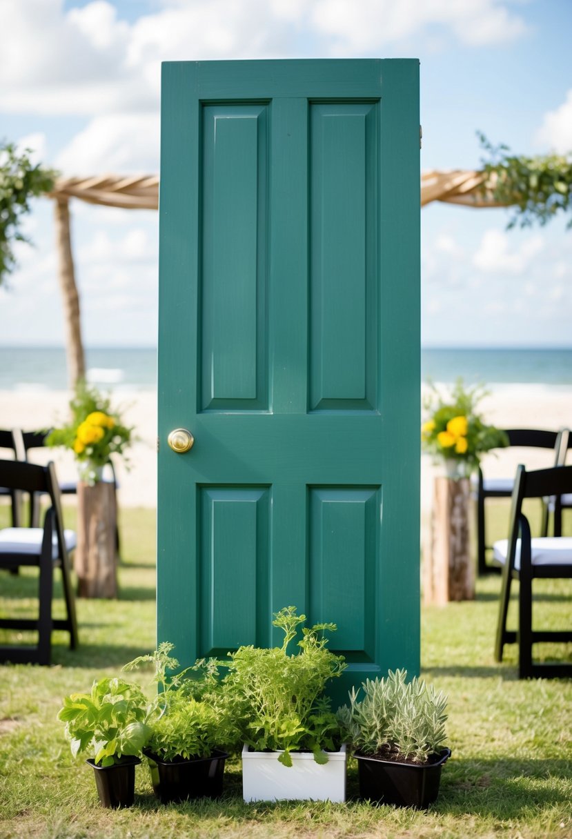 A repurposed door stands upright, serving as a backdrop for an herb garden. The beach wedding setting is visible in the background, with budget-friendly decor and seating