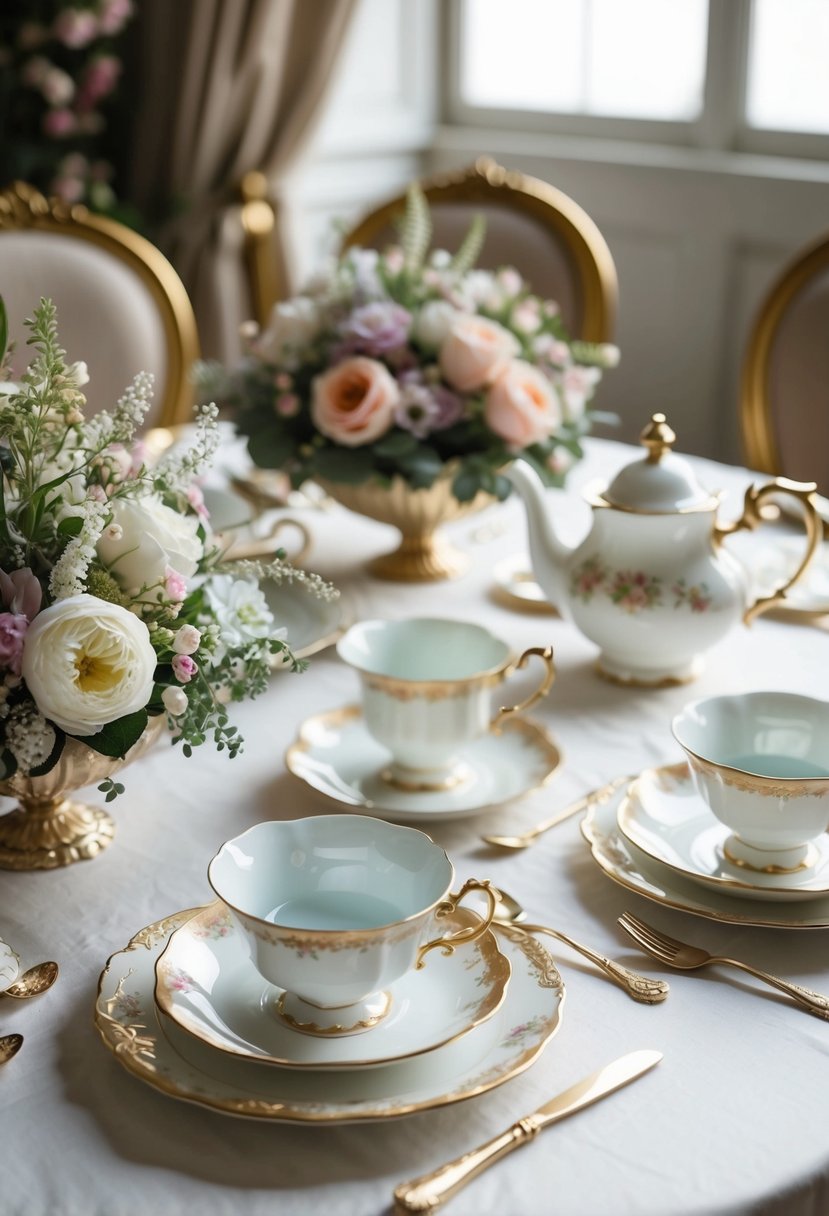 An elegant table set with vintage teacups, saucers, and a teapot, surrounded by delicate floral arrangements and vintage decor