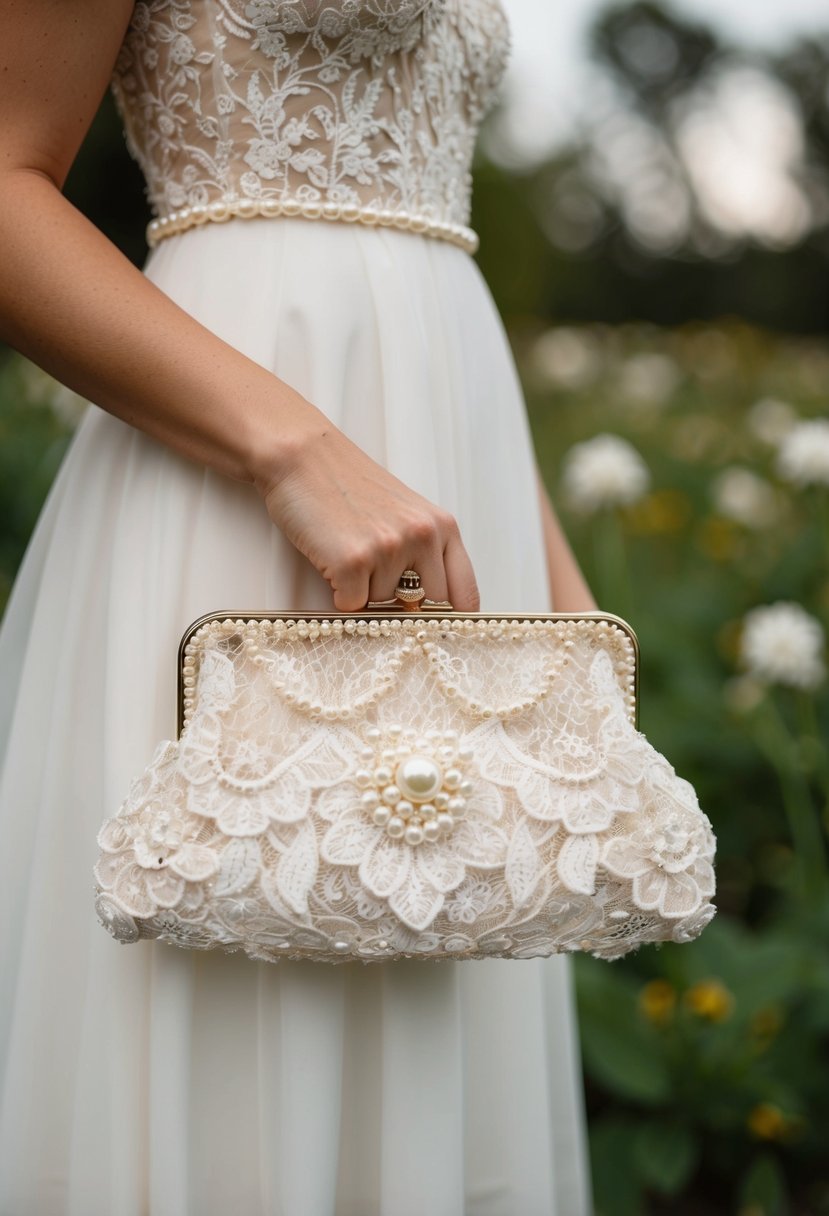 A delicate lace bridal clutch with pearls and embroidery, inspired by vintage wedding dresses