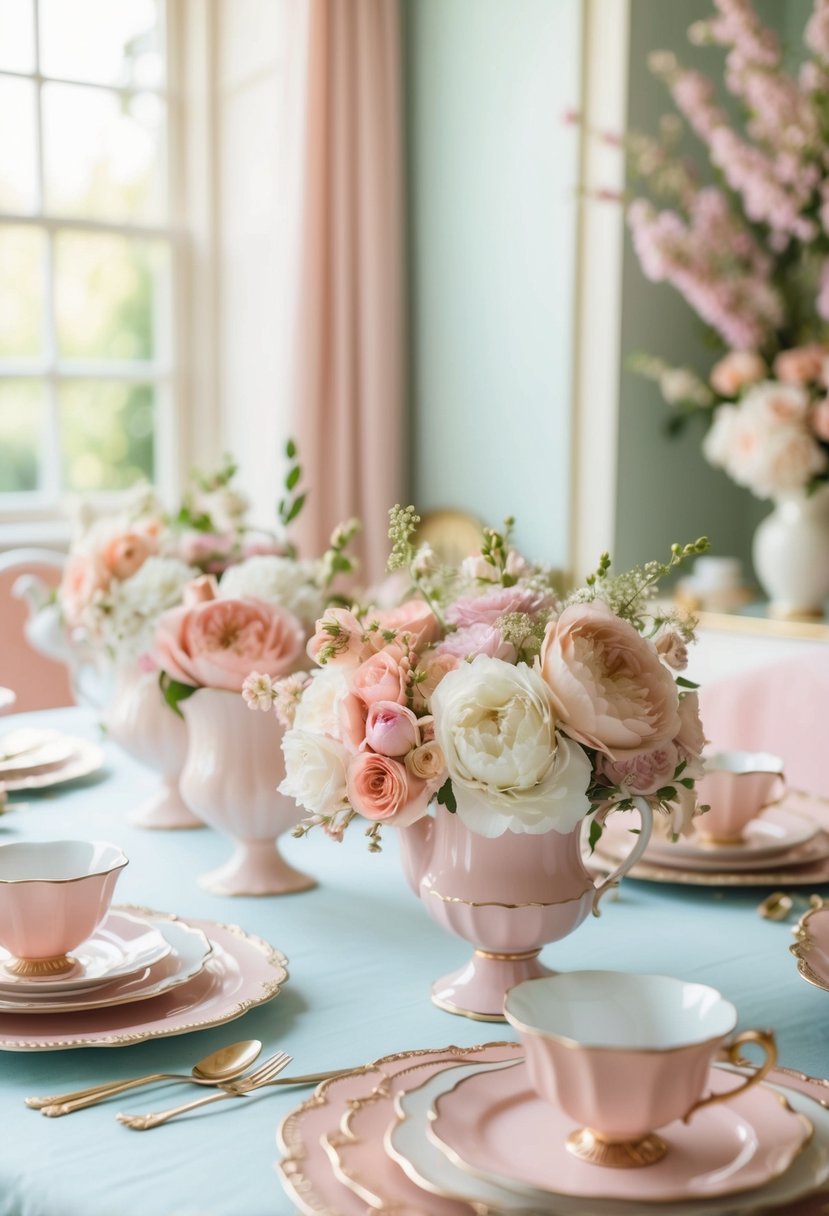 A vintage tea party with pastel decor, delicate floral arrangements, and blush-toned table settings