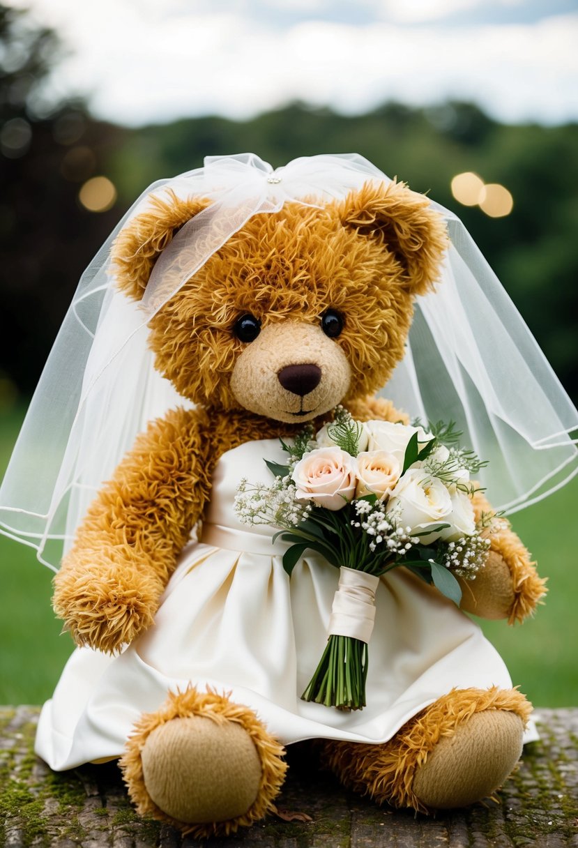 A teddy bear wearing a bridal veil and holding a bouquet made from repurposed old wedding dresses