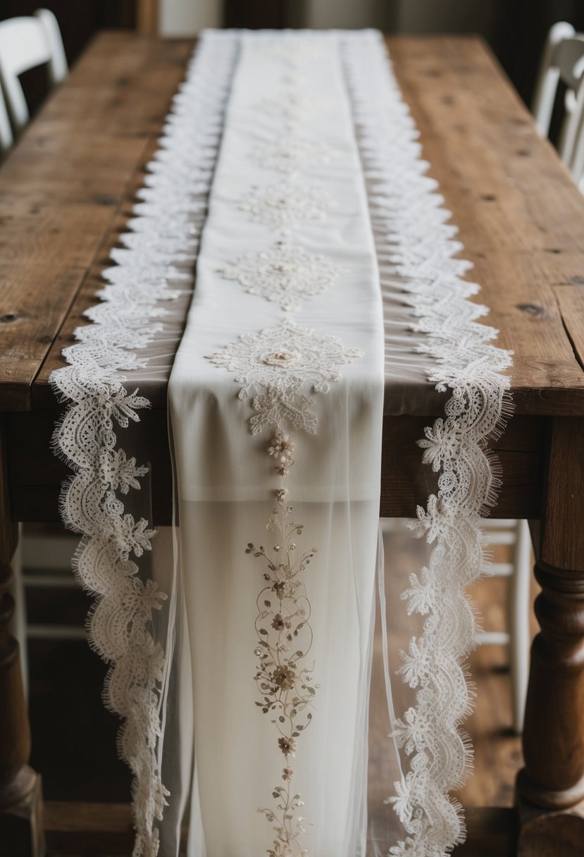 A table runner made from repurposed old wedding dresses drapes elegantly over a rustic wooden table, with delicate lace and intricate beadwork adding a touch of romance to the setting