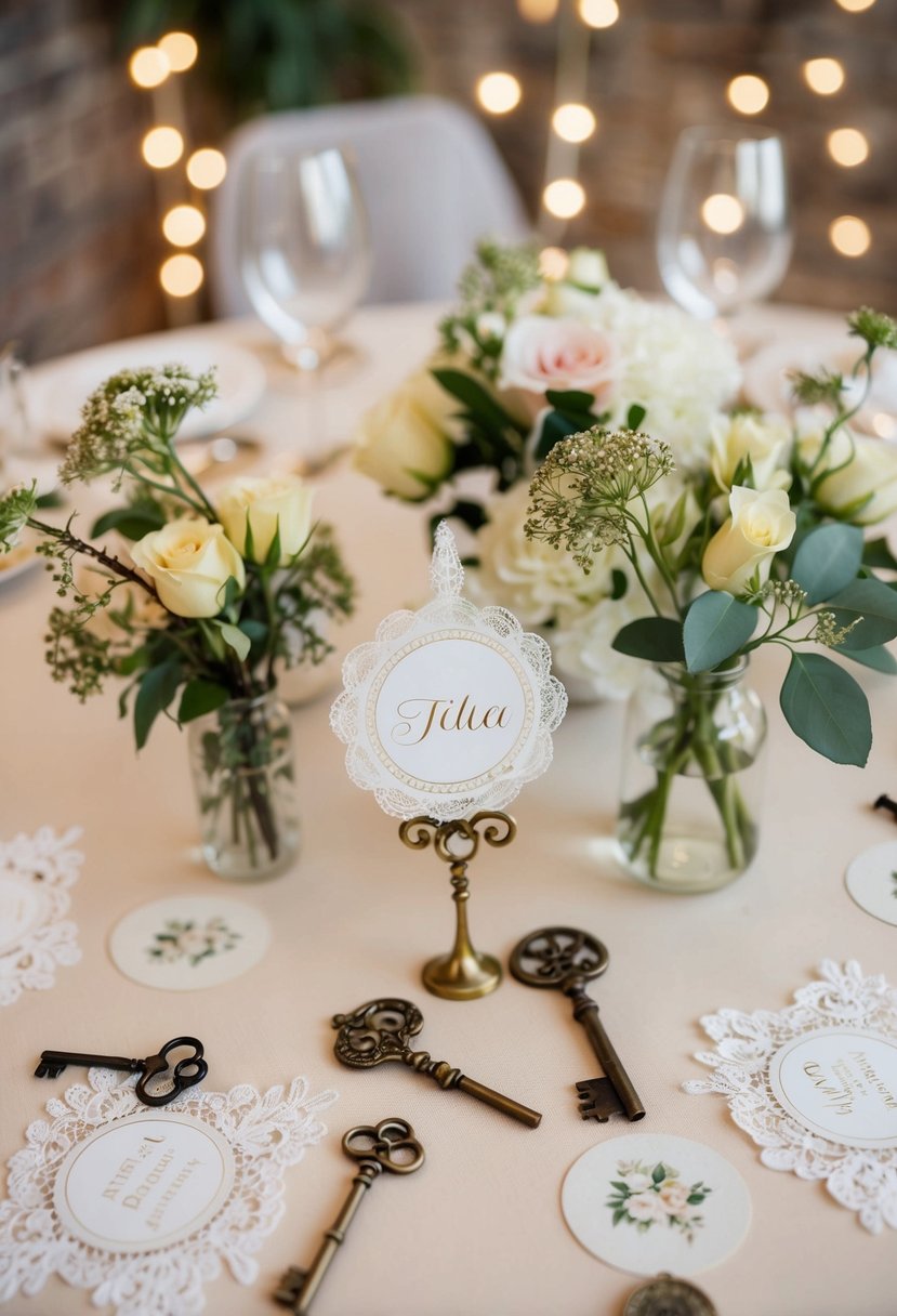 A table adorned with personalized vintage-themed party favors for a vintage wedding shower, including delicate lace, antique keys, and ornate trinkets