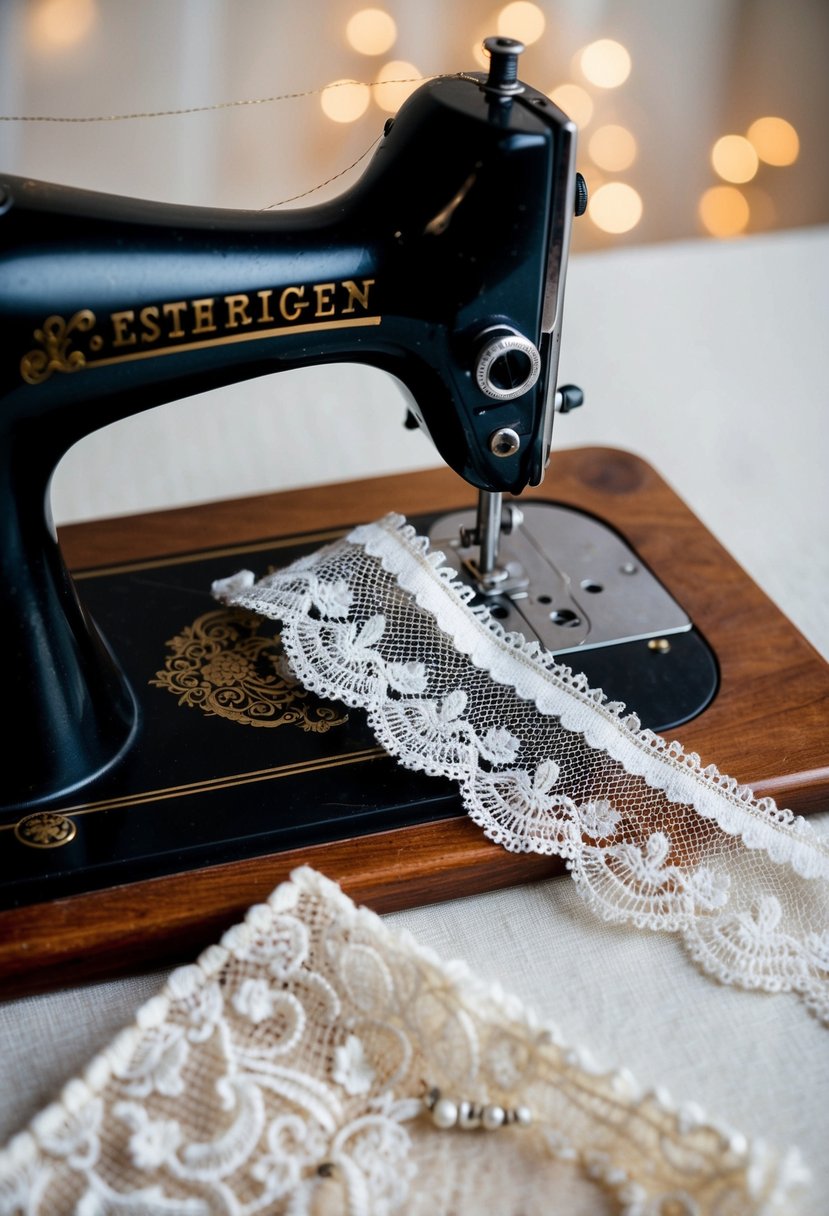 An antique sewing machine stitching a lace garter from repurposed wedding dress fabric