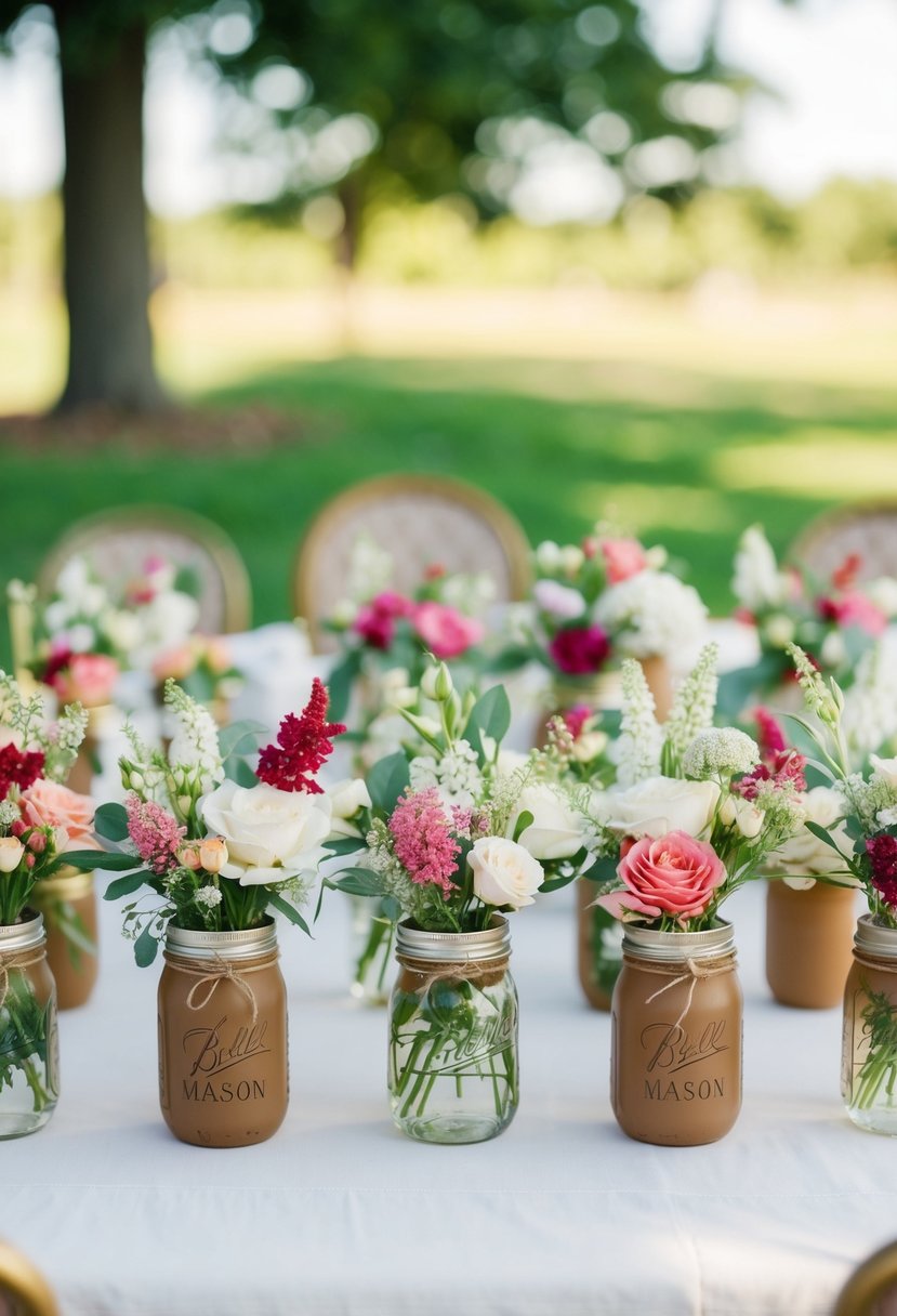 Petite floral centerpieces arranged in mason jars for a vintage wedding shower