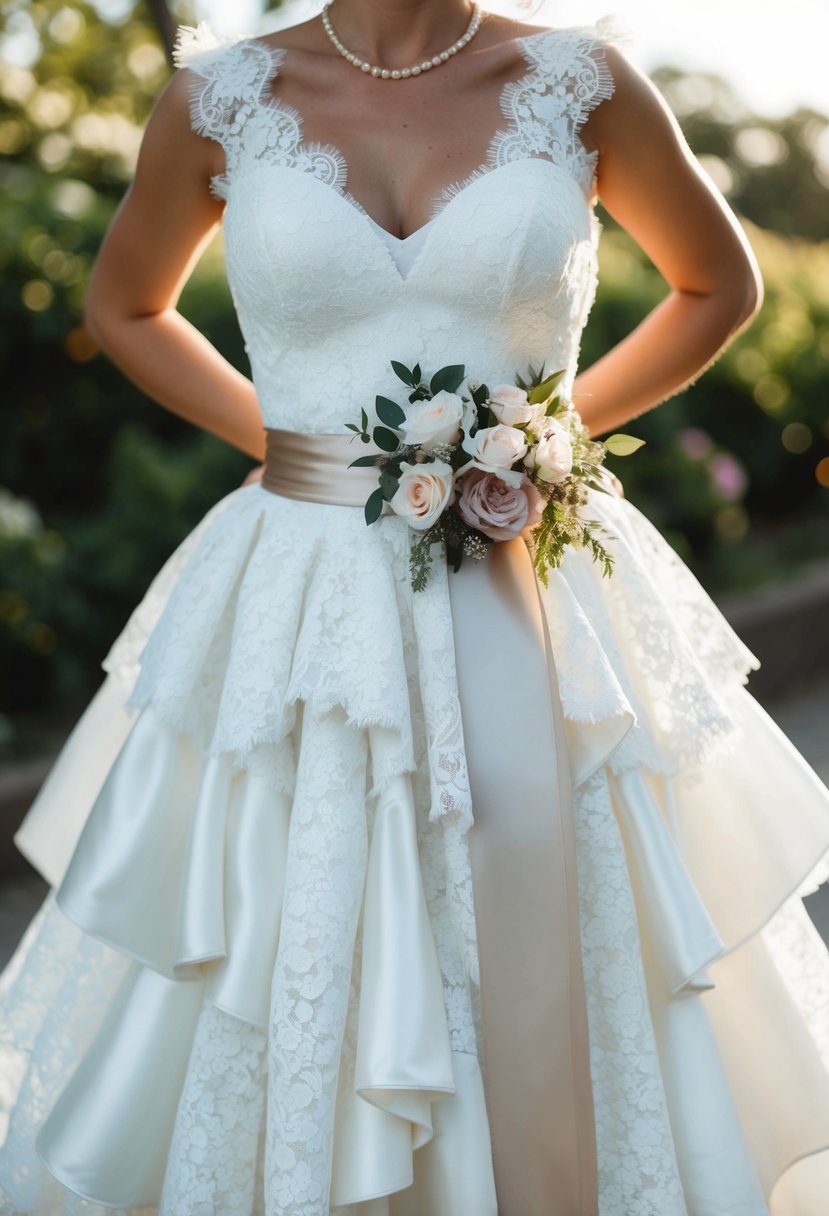 A white lace wedding dress repurposed with delicate ruffles and a flowing skirt, adorned with a satin sash and floral accents