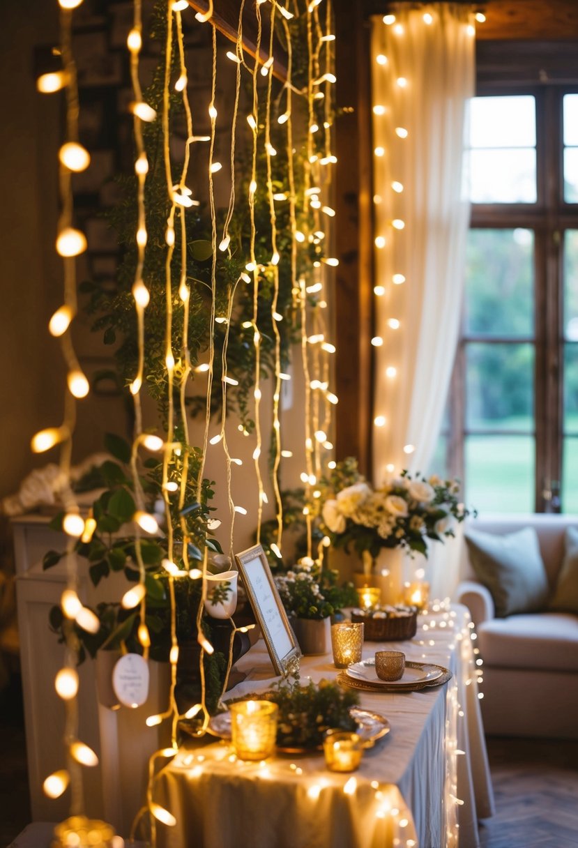 Fairy lights draped over vintage decor in a cozy, romantic setting for a wedding shower