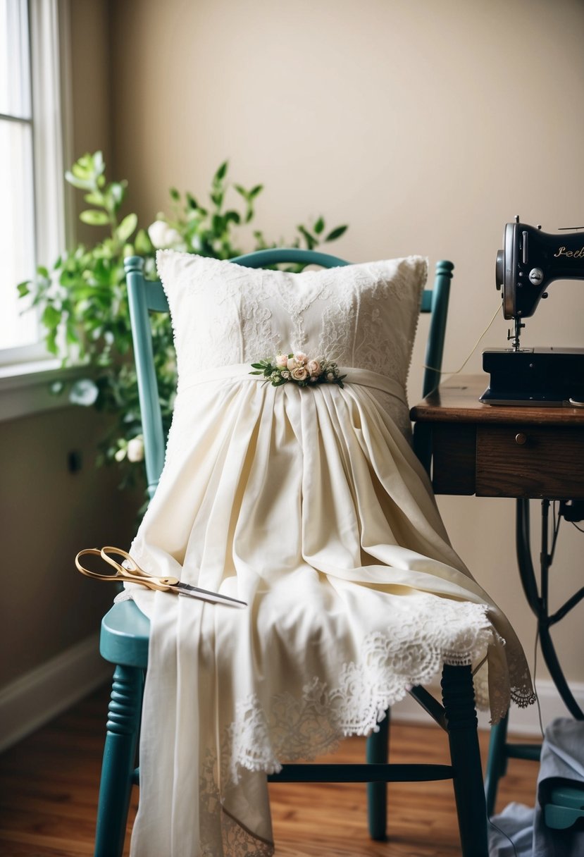 A keepsake pillow made from an old wedding dress draped over a chair, with scissors, thread, and a sewing machine nearby