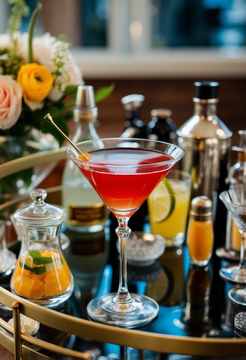 A vintage martini glass surrounded by classic cocktail ingredients on a retro bar cart at a vintage wedding shower