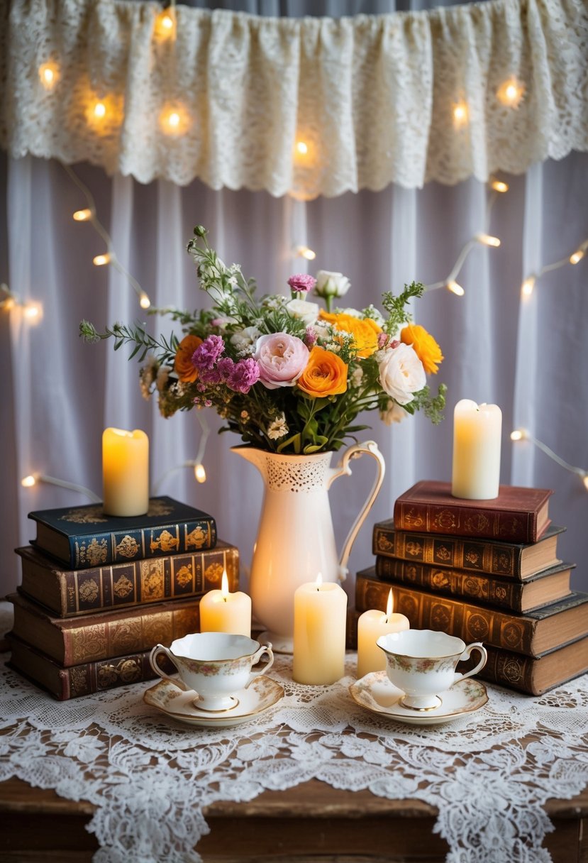 A rustic wooden table adorned with lace, flowers, and vintage teacups, surrounded by antique books and candles, set against a backdrop of lace curtains and string lights