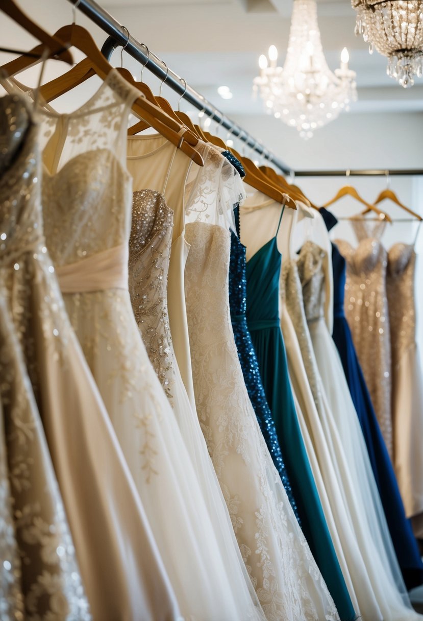 A row of antique wedding dresses transformed into elegant evening gowns, adorned with shimmering sequins and delicate lace details