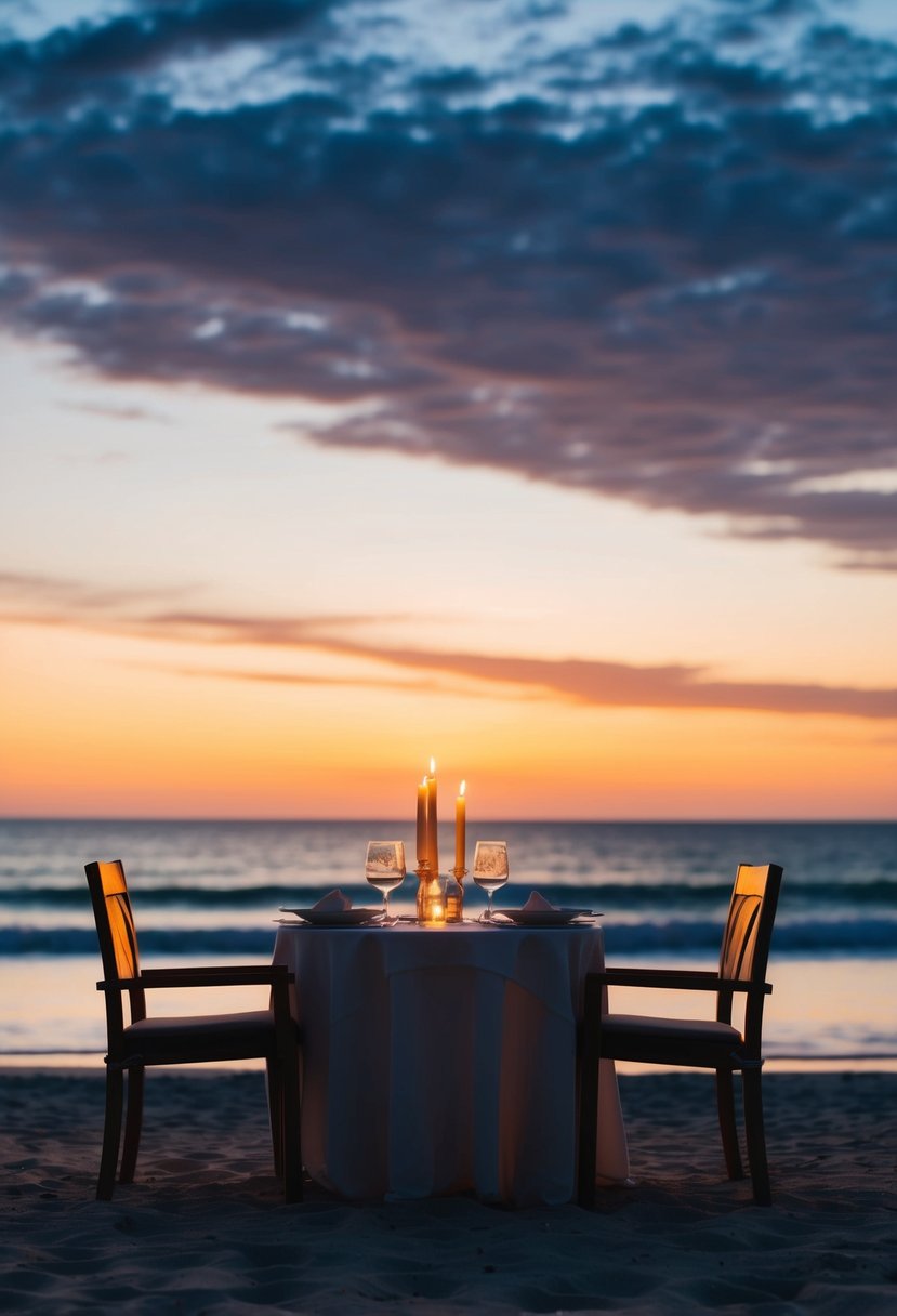 A candlelit dinner on a beach at sunset, with a table set for two and a beautiful ocean view