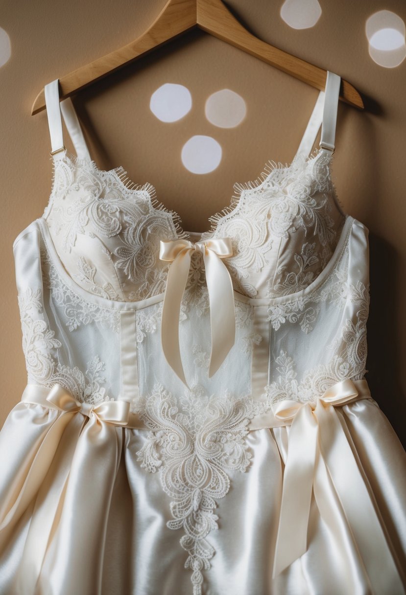 An old wedding dress repurposed into a delicate lace lingerie set, adorned with satin ribbons and intricate embroidery