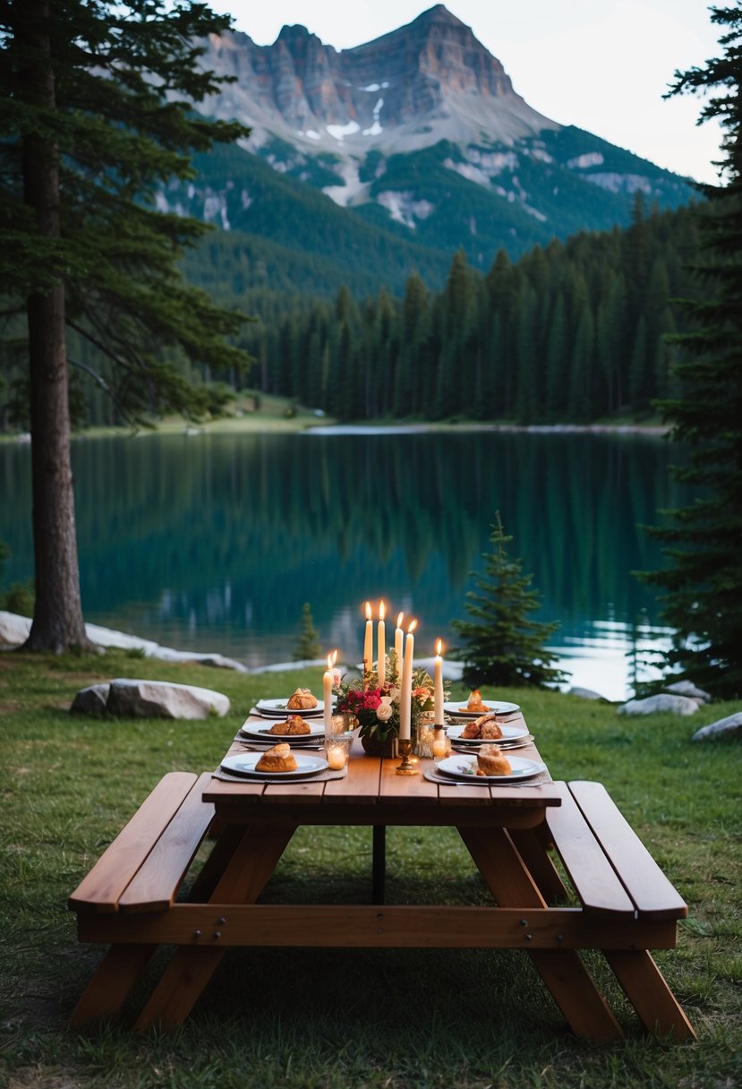 A cozy cabin nestled in the mountains, surrounded by a serene lake and lush forest. A picnic table set with candles and a gourmet meal