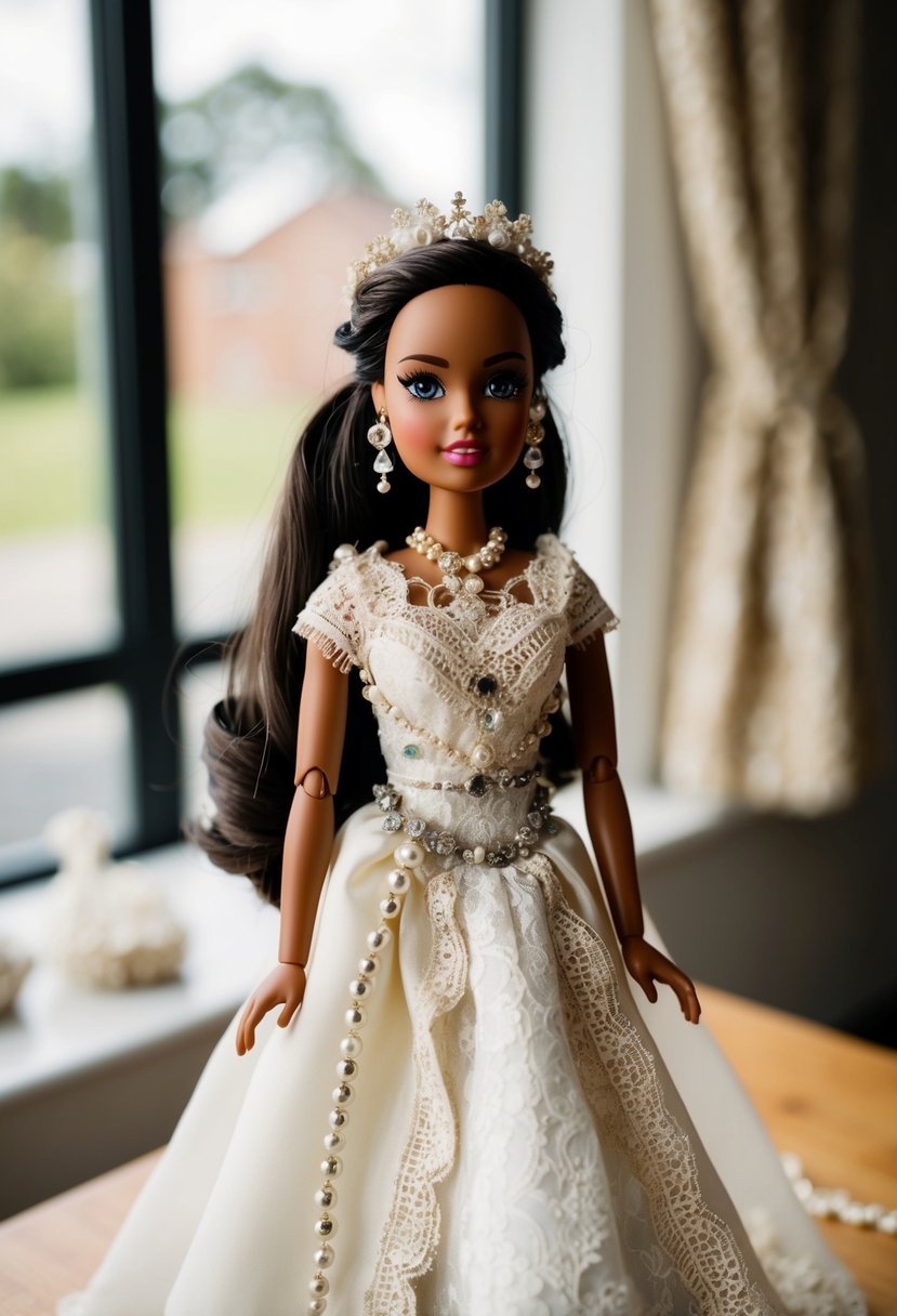 A doll dress being made from repurposed old wedding dresses, with lace, beads, and intricate details