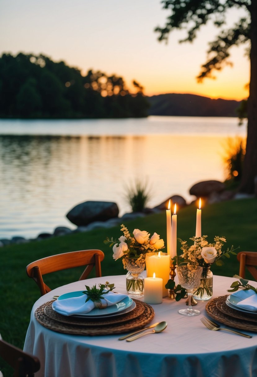 A cozy table for two set with candles and flowers, overlooking a serene lake at sunset