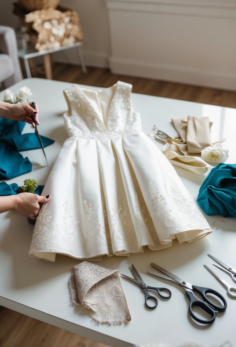 An old wedding dress being transformed into a modern bridal shower outfit, with scissors, fabric, and sewing tools scattered on a table