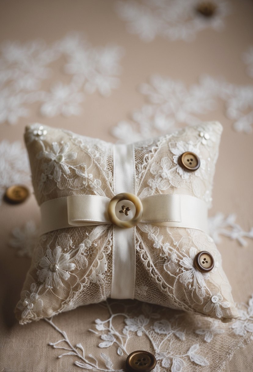 A lace ring bearer pillow made from repurposed old wedding dresses, adorned with delicate embroidery and vintage buttons