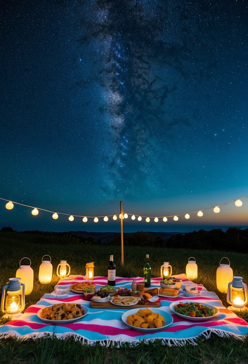 A picnic blanket spread under a starry night sky, surrounded by glowing lanterns and a spread of delicious food and drinks