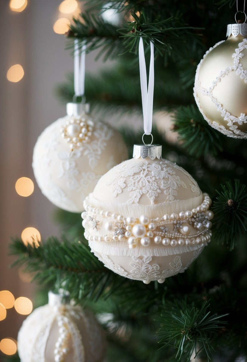 Ornaments made from repurposed wedding dress fabric, adorned with lace and pearls, hanging on a Christmas tree