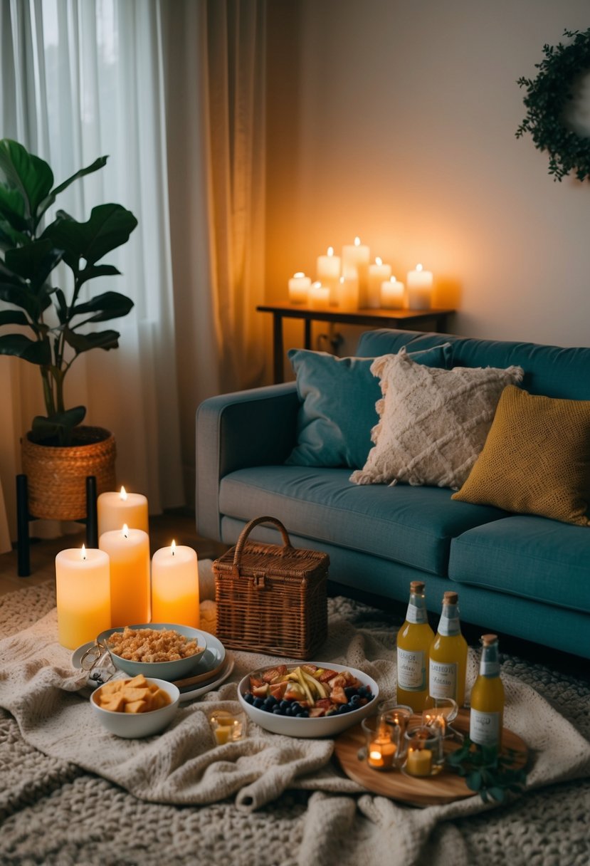 A cozy living room with soft candlelight, a picnic blanket, and a spread of favorite honeymoon snacks and drinks