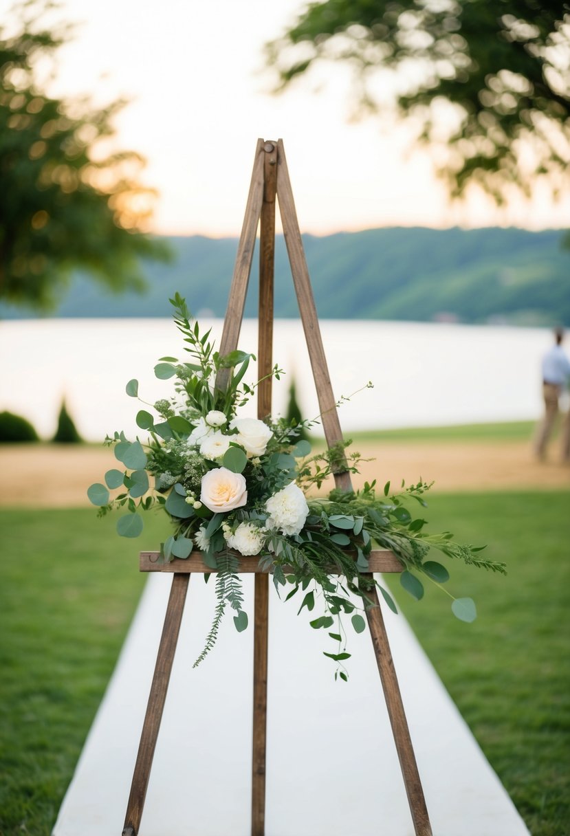 A rustic wooden easel adorned with greenery and flowers, set against a backdrop of a scenic outdoor wedding venue