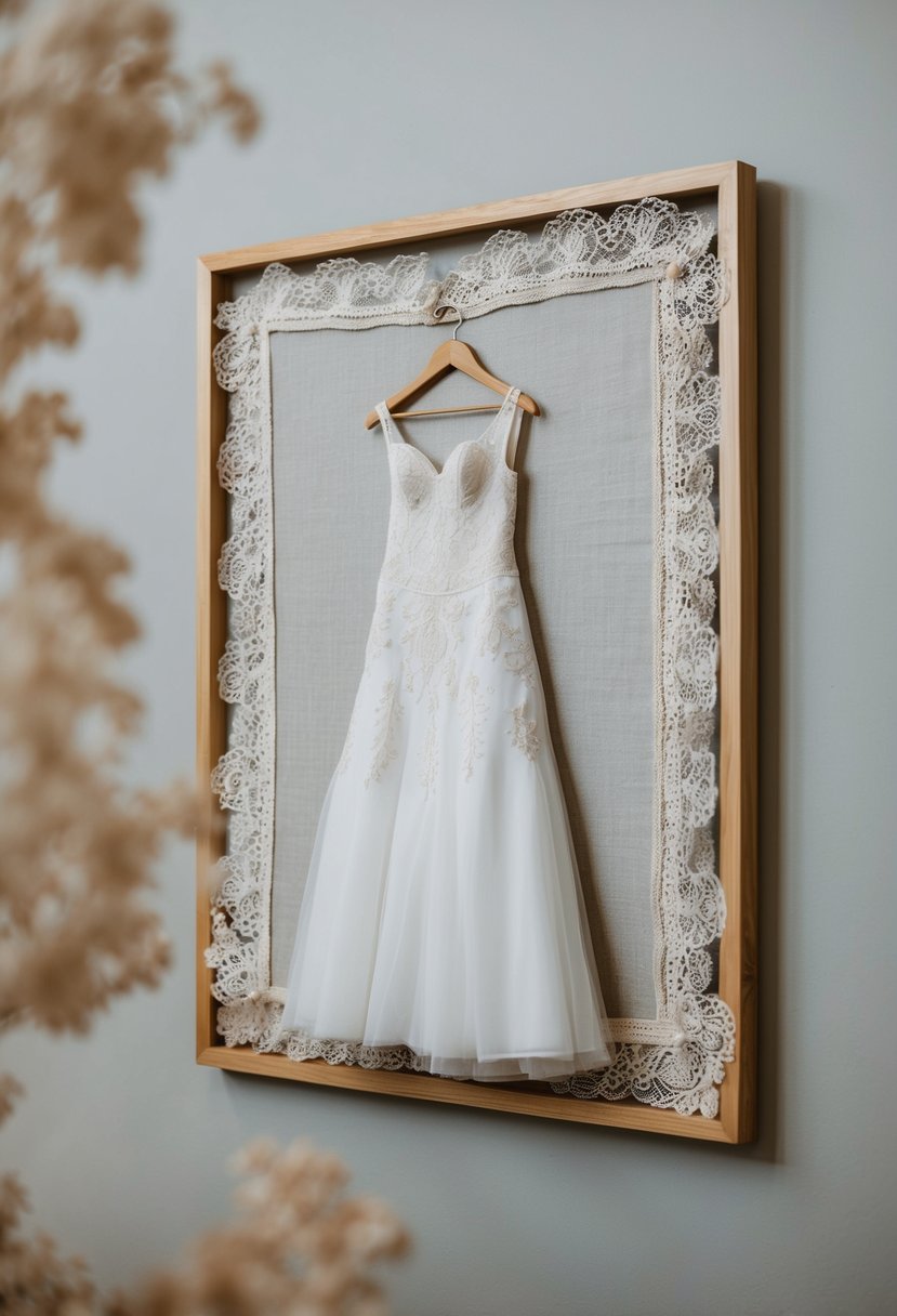 A fabric framed art piece made from repurposed old wedding dresses, featuring intricate lace and delicate embroidery